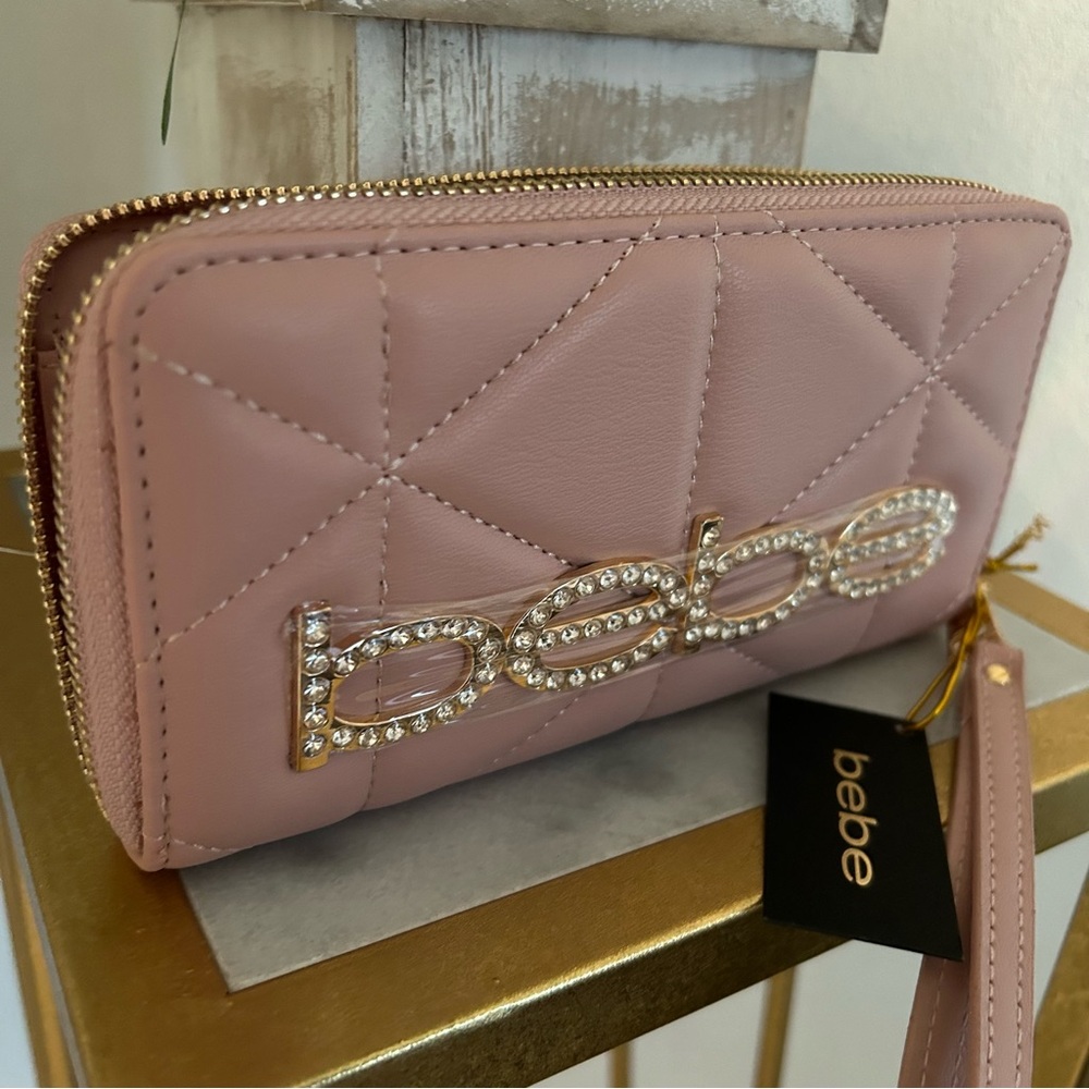 NWT Bebe rhingnestone quilted pink blush wallet